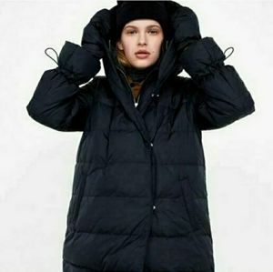 ZARA Puffer Hooded Down Long Black Coat & Mittens